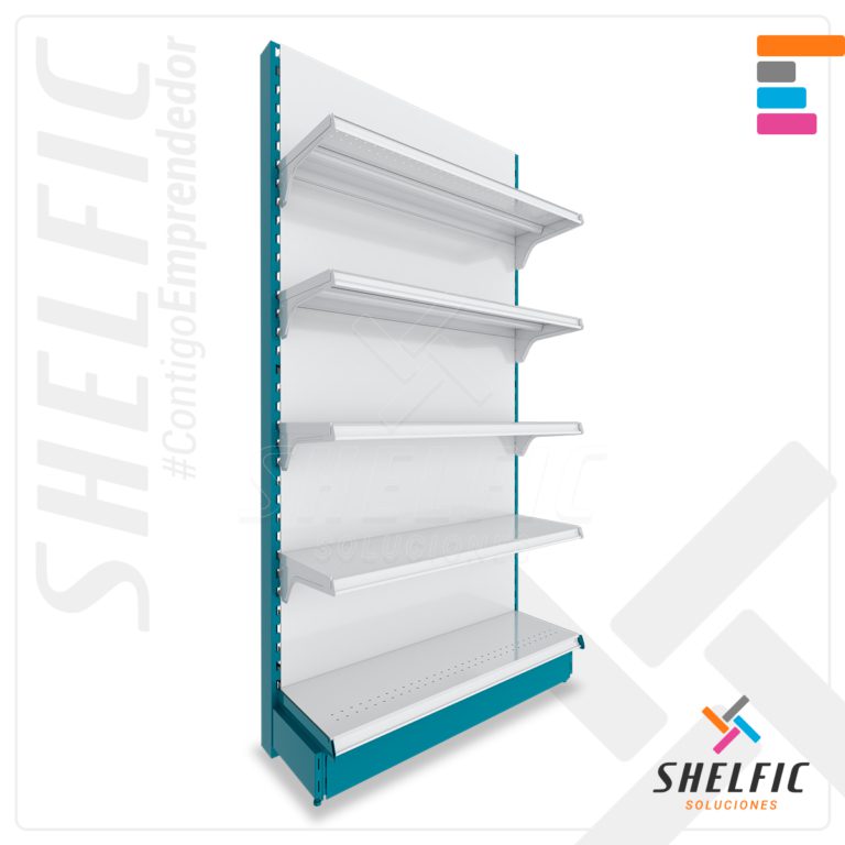 Góndola Metálica de Pared (5 Niveles - Respaldar Liso) - Acabado en Color Turquesa y Blanco | GÓNDOLAS METÁLICAS
